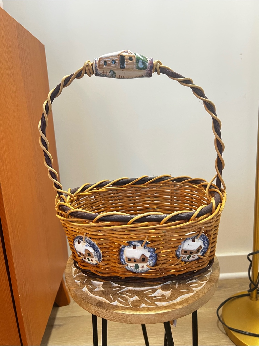 Italian Woven Decorative Basket with Ceramic House Accents - Yellow Brown